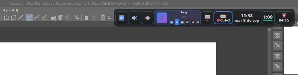 PinClip dock floating in Clip Studio Paint with clock, timer and alarm