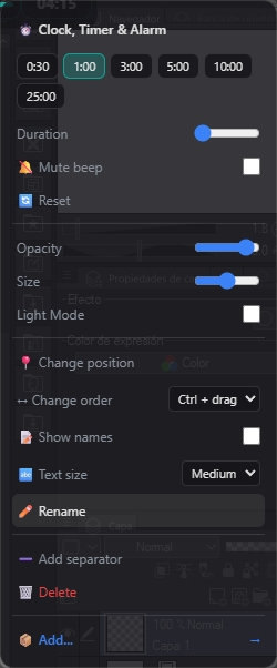 PinClip context menu with Clock, Timer and Alarm section
